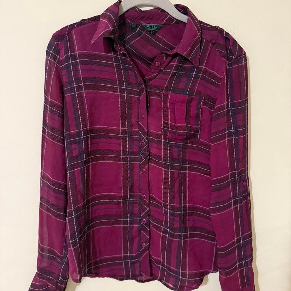 Vintage Guess sheer blouse in a deep merlot plaid 90s Y2k Grunge Chic Whimsigoth